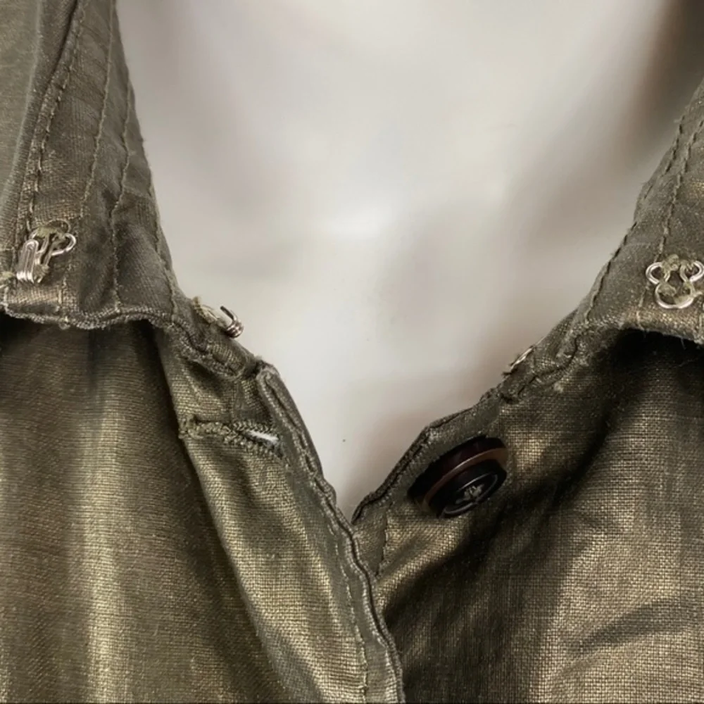 Da Nang Metallic Green Utility Jacket Womens Small Belted Button Front Shacket